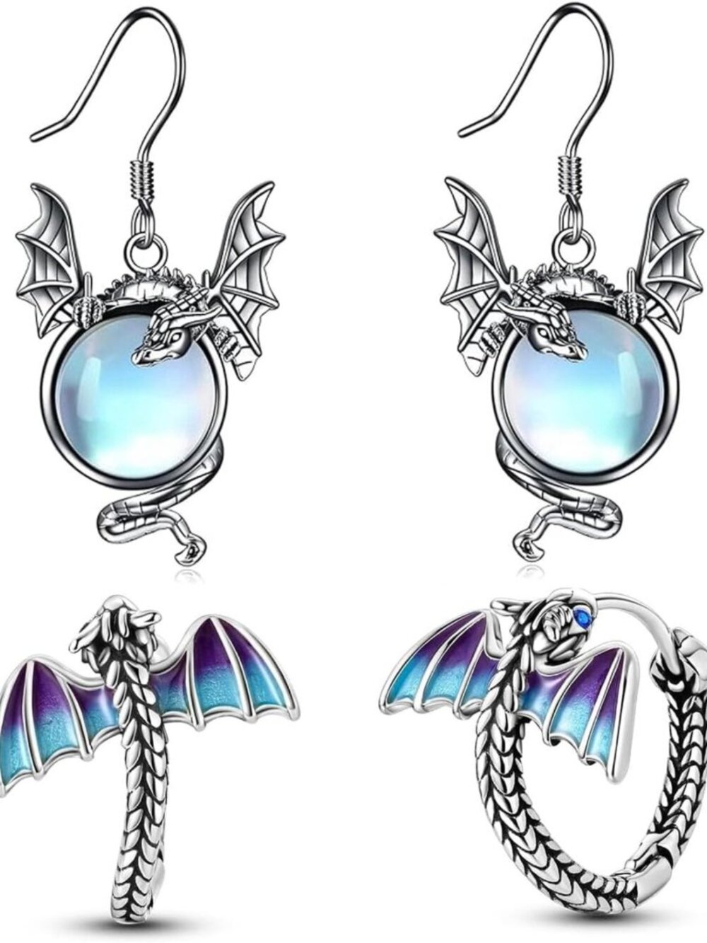 Gothic Dragon Earrings - 2 Pairs Moonstone Fantasy Jewelry for Unique Style